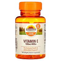 Sundown Naturals, Витамин E, 180 мг (400 МЕ), 100 мягких таблеток