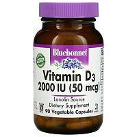 Bluebonnet Nutrition, Витамин D3, 50 мкг (2000 МЕ), 90 растительных капсул