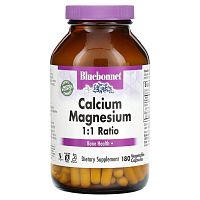 Bluebonnet Nutrition, Кальций и магний в соотношении 1: 1, 180 растительных капсул Bluebonnet Nutrition, Кальций и магний в соотношении 1: 1, 180 растительных капсул