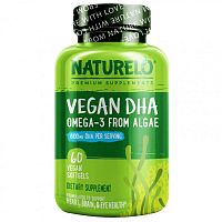 NATURELO, ДГК для веганов, омега-3 из водорослей, 400 мг, 60 веганских капсул