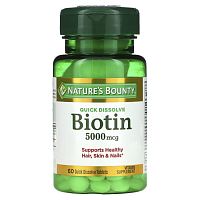 Nature's Bounty, биотин, 5000 мкг, 60 быстрорастворимых таблеток