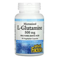 Natural Factors, Микронизированный L-глютамин, 500 мг, 90 вегетарианских капсул