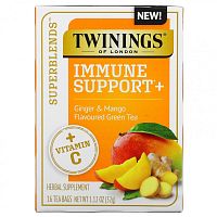 Twinings, Superblends, поддержка иммунитета, с витамином C, зеленым чаем с имбирем и манго, 16 чайных пакетиков, 32 г (1,12 унции) каждый